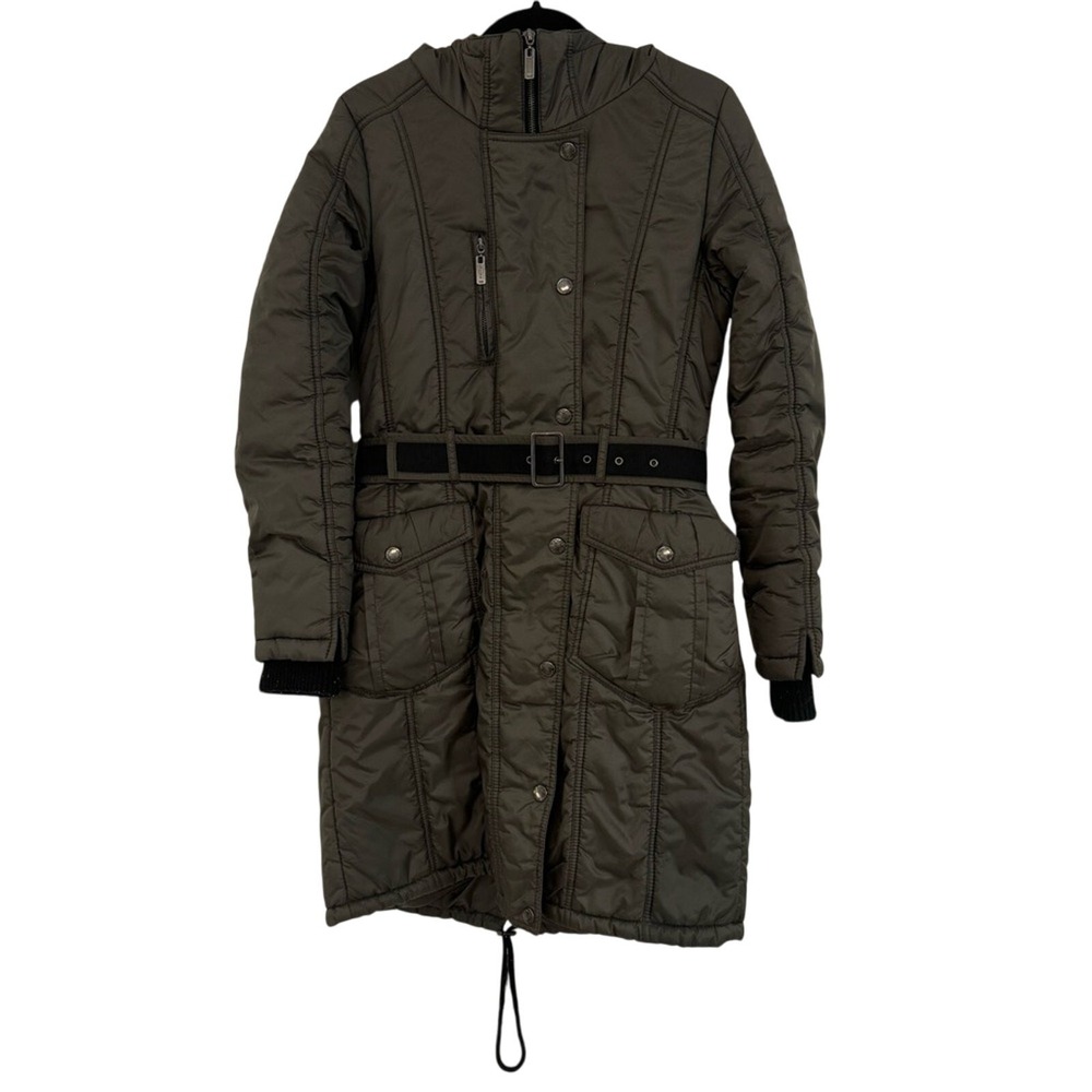 Monton Fur Hooded Coat Women's M‎ Adjustable Belt Brown Winter Fur Trim Hood